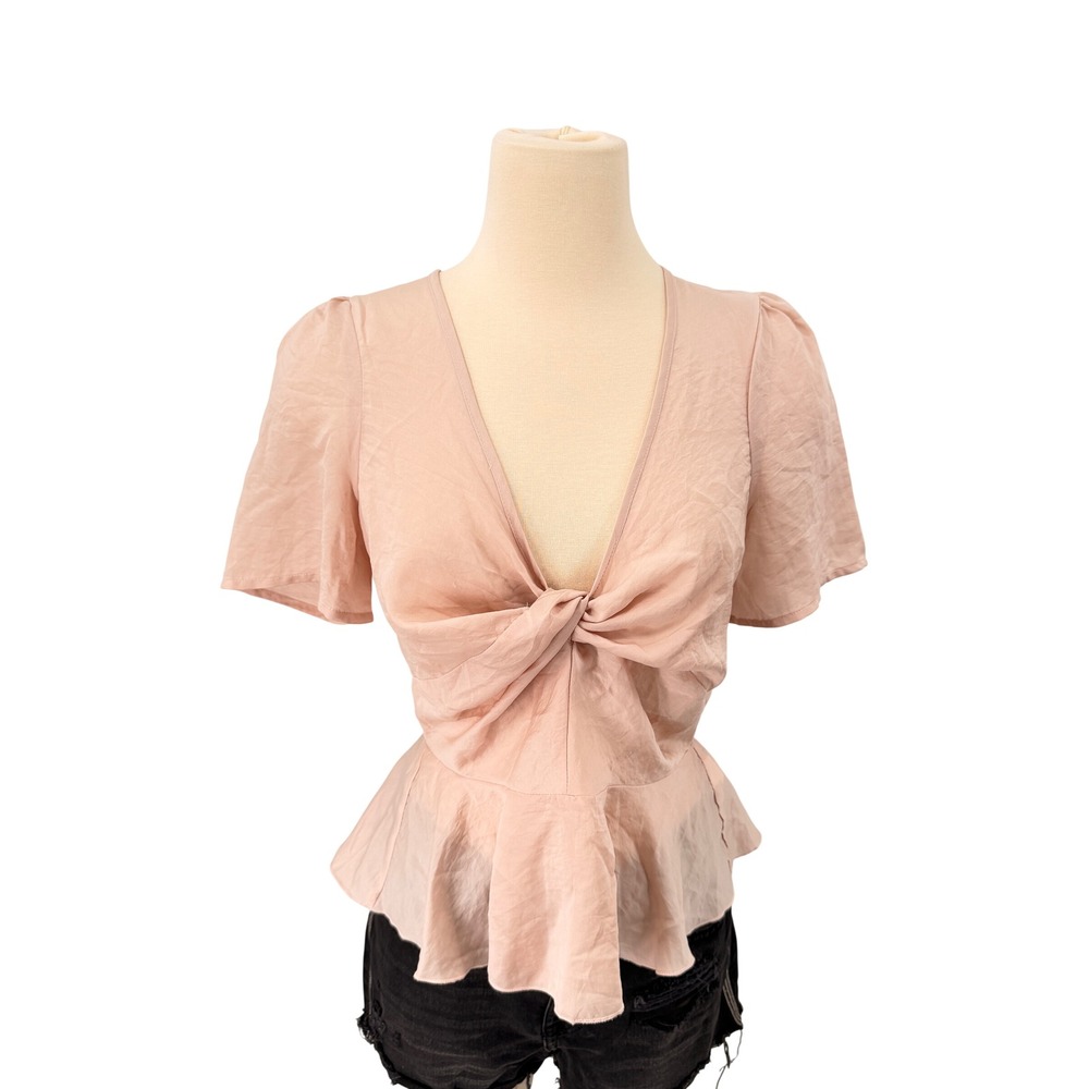 Missguided Peplum Top Women Size 6 Pink Twist Front V-Neck Flutter Sleeve Blouse